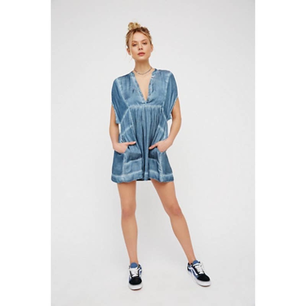 Free People Rowen Mini dress slate blue size small button front side pockets